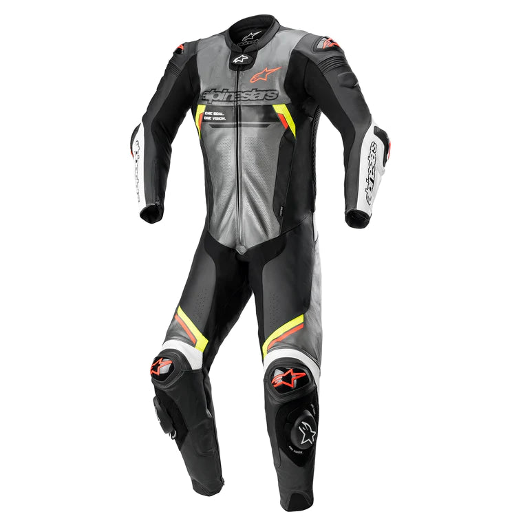 Traje de una pieza ALPINESTARS Missile Ignition v2: gris metalizado, negro, amarillo y rojo fluorescente