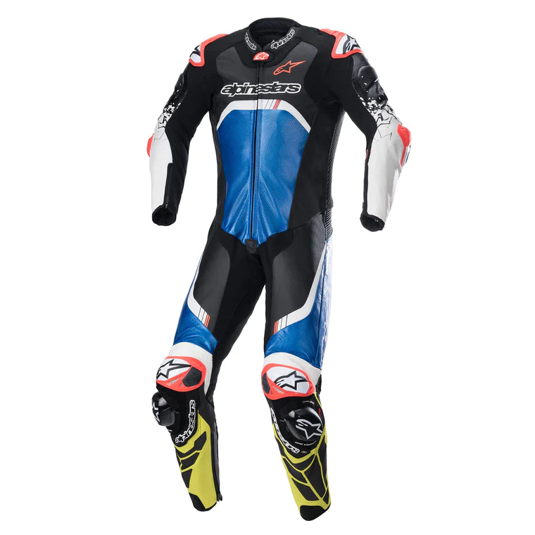 Traje técnico ALPINESTARS GP v4: negro, azul y amarillo fluorescente