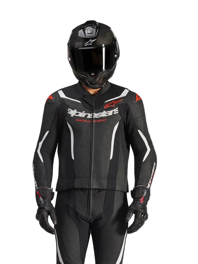 GP Force v2 2-Piece Leather Suit - Black/White/Red Fluo