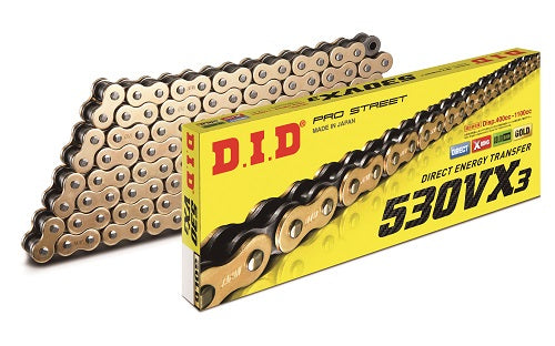D.I.D. 530 VX3 Pro Street Series Gold Plated X-Ring Sealed Chain (Rivet Masterlink)