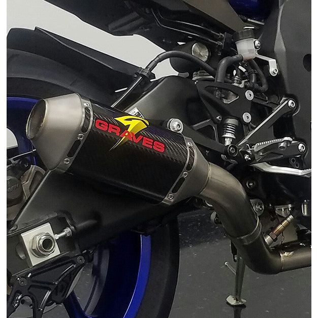 Sistema de escape completo de titanio Graves '15-'24 Yamaha R1 con silenciador de carbono o titanio
