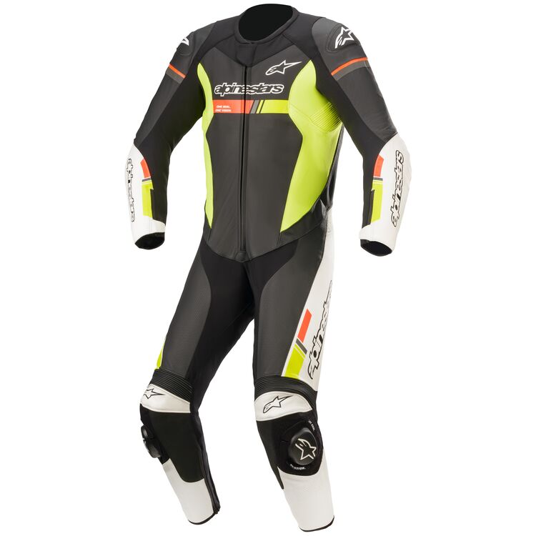 Mono de cuero de una pieza ALPINESTARS GP Force Chaser: negro, blanco, rojo fluorescente y amarillo fluorescente