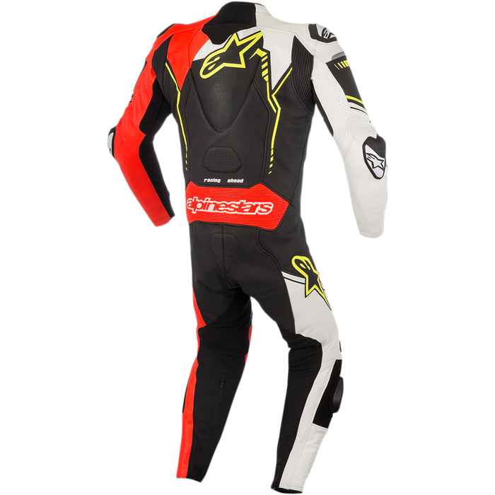 Mono de cuero de una pieza ALPINESTARS GP Plus v2: negro, blanco, rojo fluorescente y amarillo fluorescente