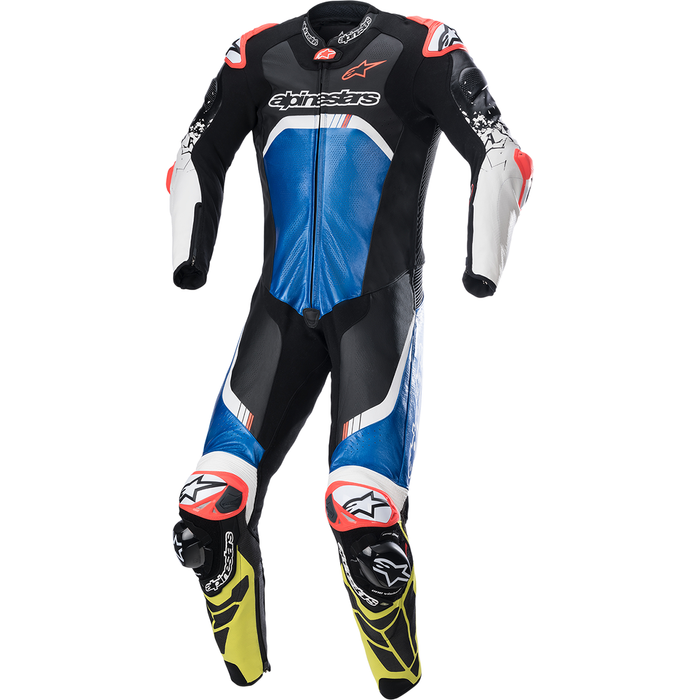 Traje técnico ALPINESTARS GP v4: negro, azul y amarillo fluorescente